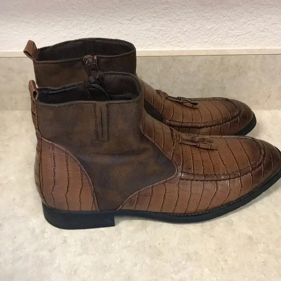 Chukka Brown Two Tone PU Leather Alligator Tassel Ankle Boots - Picture 5 of 12